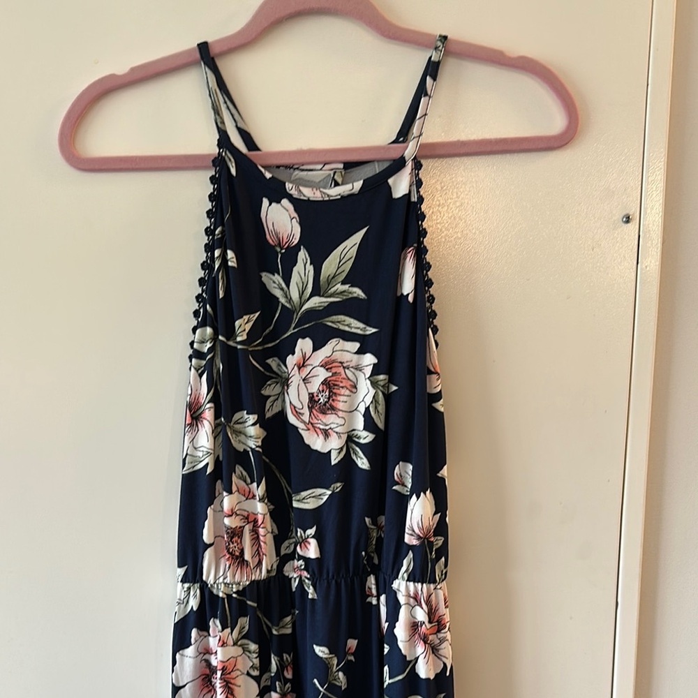 French Grey Floral Maxi Dress - Navy and Pink